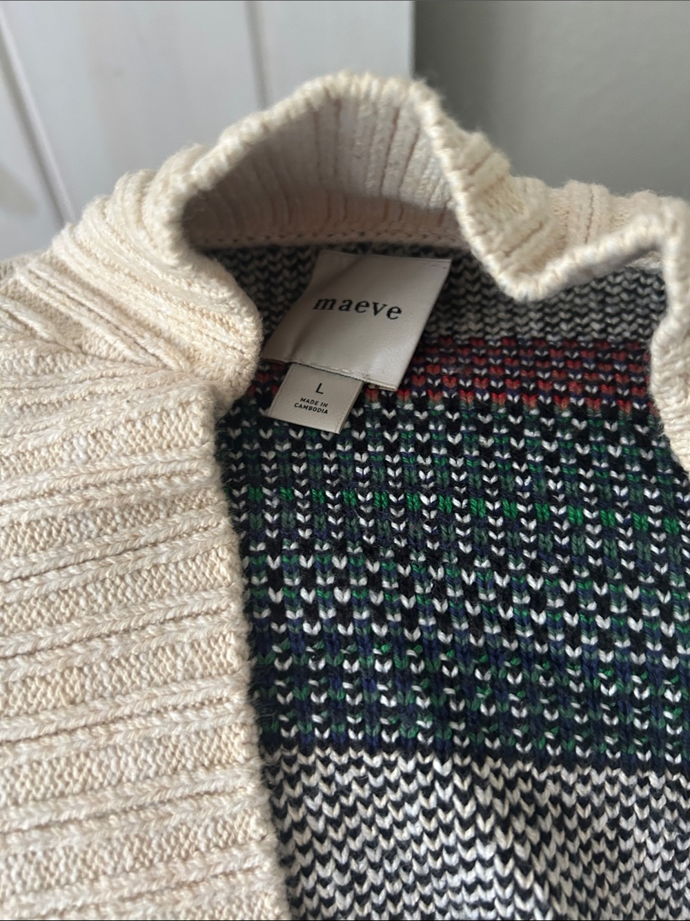 Maeve Cream Golf Cardigan sweater with Red, Green, Navy & Black Stripes - Picture 3 of 3